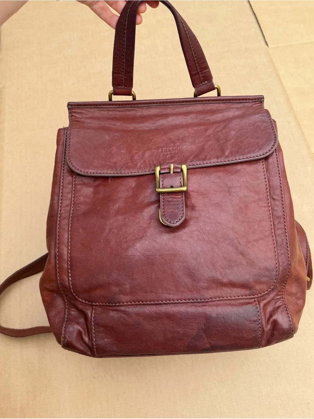 Vintage Fossil Leather Convertible Backpack Tote Burgundy Brown Distressed Bag